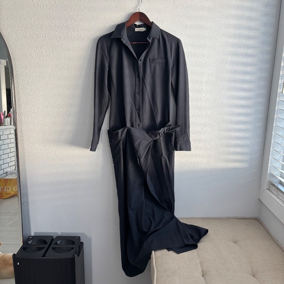 Calvin Klein Collection Vintage 90s Navy Blue Wool Wrap Maxi Shirt Dress - Picture 1 of 9